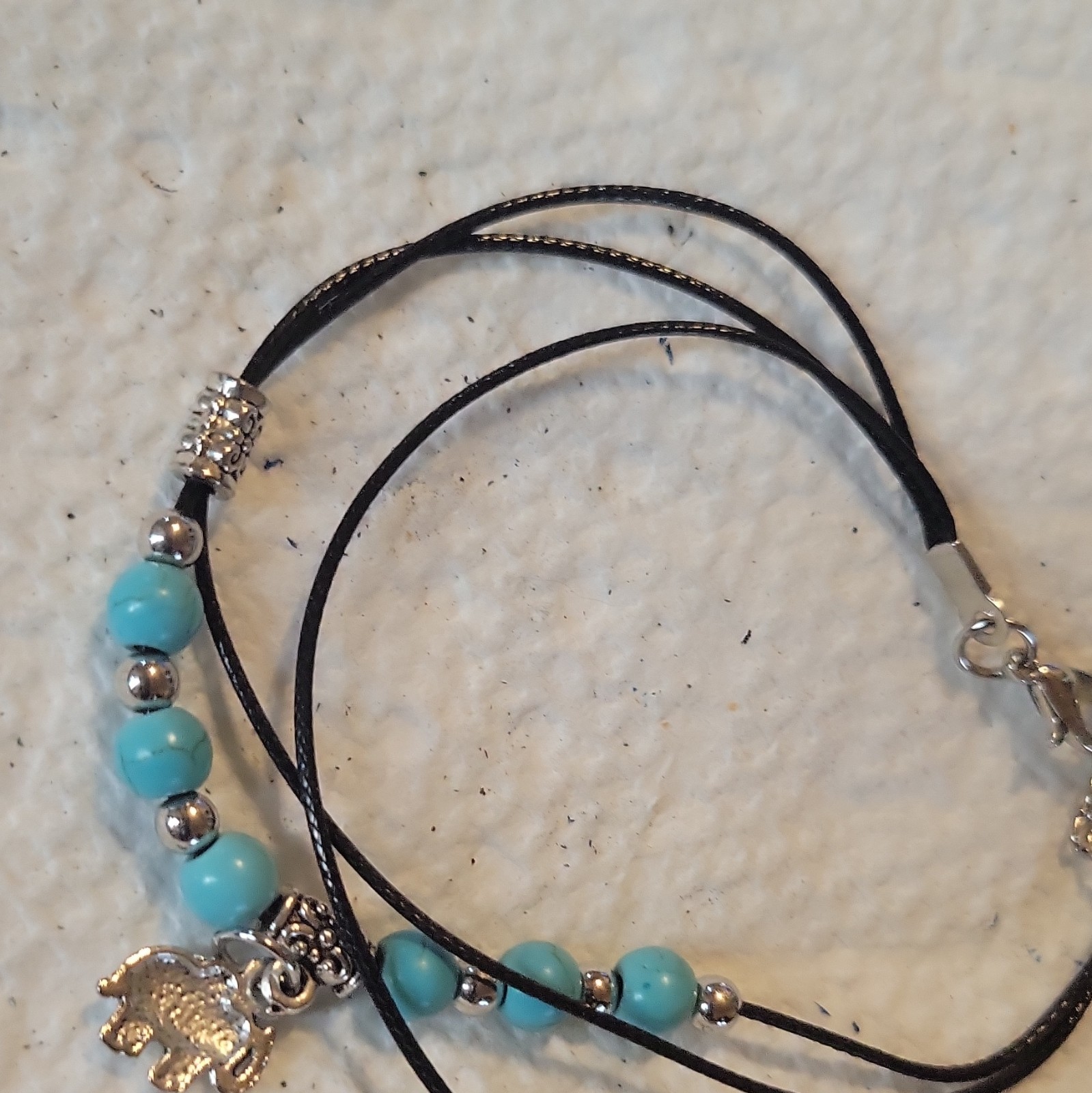 Black Cord turqBlue Beaded Bracelet Silver Tone Turtle Dangle Lobster Adjustable