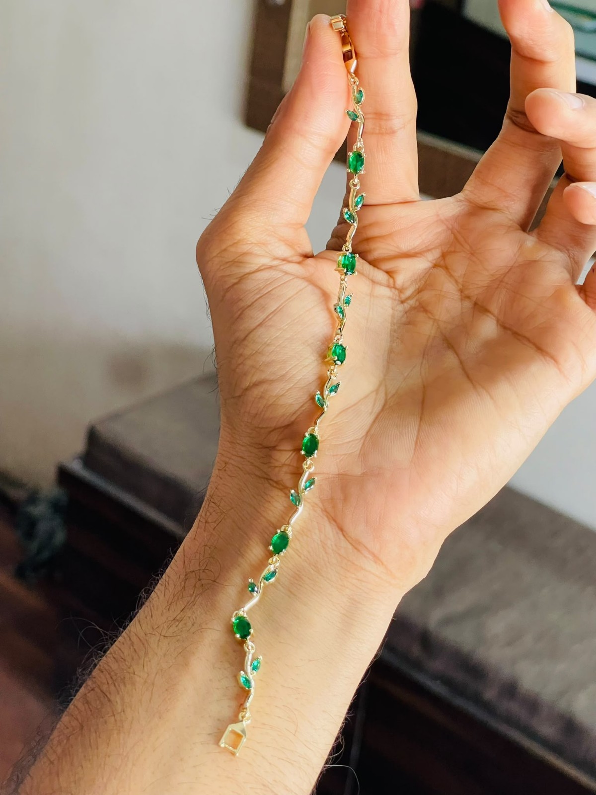 18K Gold Plated Marquise Green Stone Bracelet Vine Leaf Women Jewelry Gift 18cm