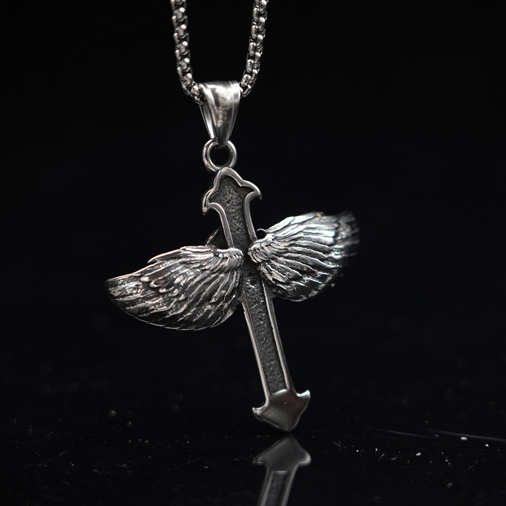 SMITH Gothic Mens Womens Christian Rosicrucian Rose Wing Cross Pedant Necklace