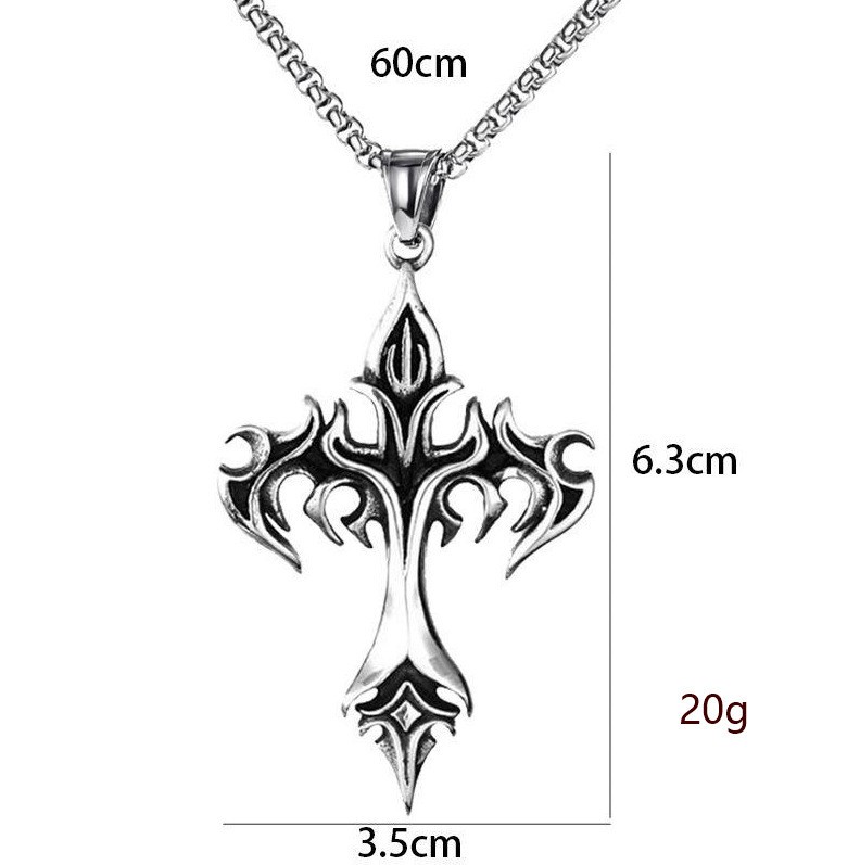 Tribal Flame Carved Cross Pendant Box Chain Necklace Stainless Men Neck Jewelry