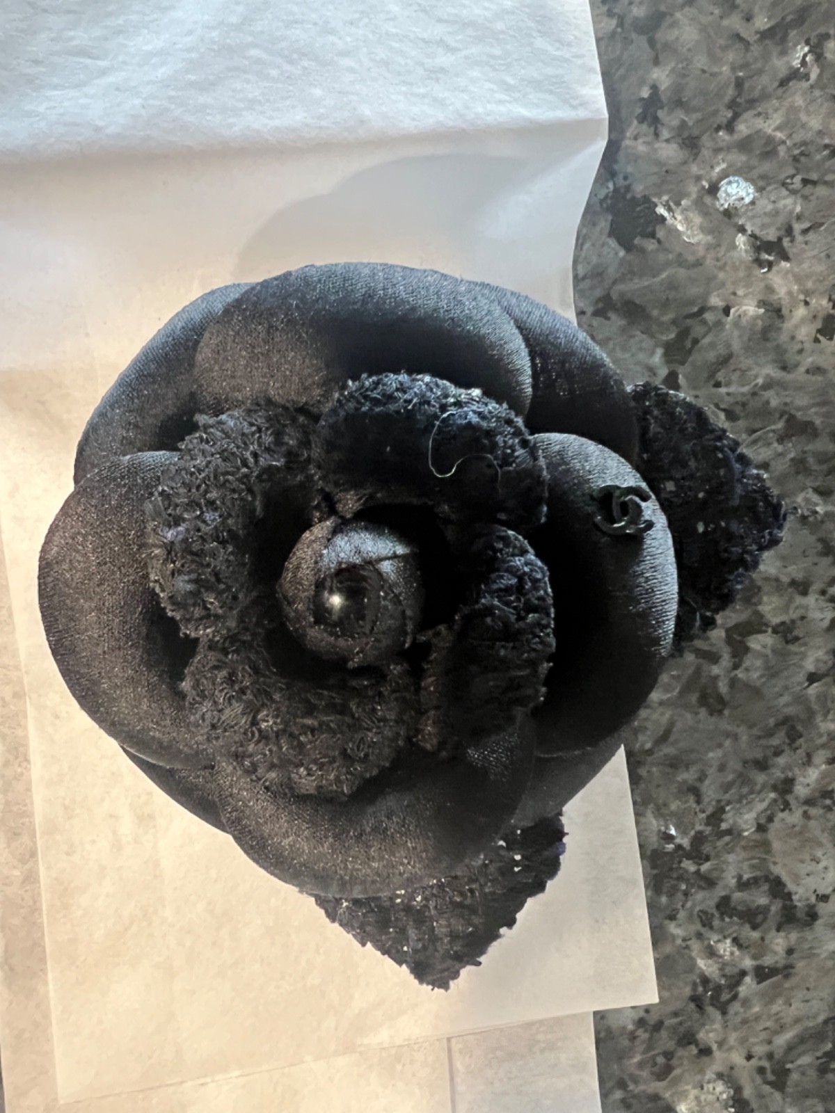 Authentic CHANEL Camelia tweed & satin brooch Black/Navy