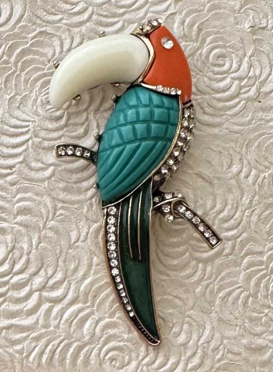 Toucan bird brooch & pendant enamel/resin on metal w/crystals