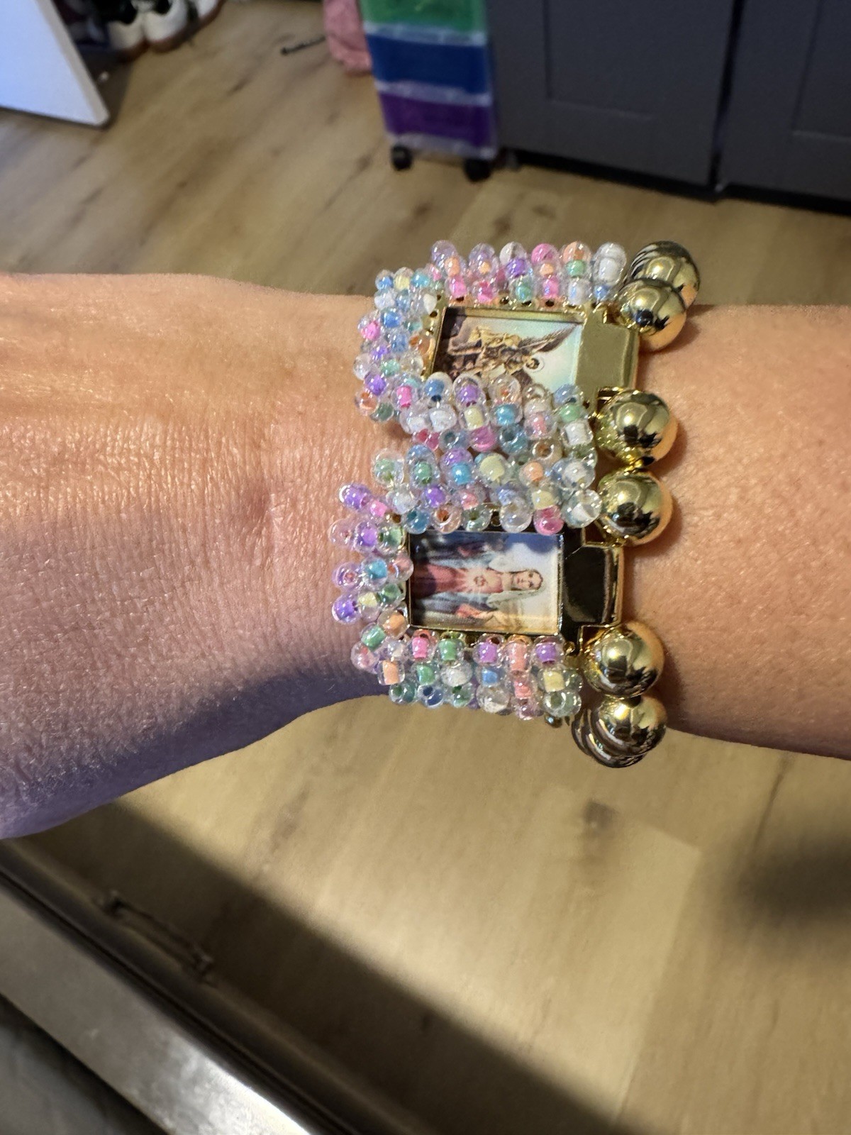Gold Tone Stretch Beaded Charm Bracelet w/ Multicolor Crystal Beads Religious