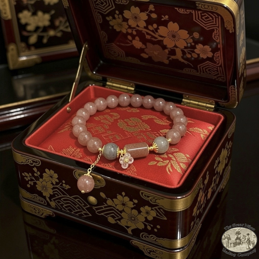 Cherry Blossom Pink Beaded Bracelet with Crystaline Flower in Velvet Gift Bag!