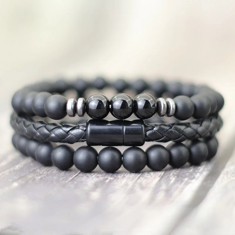 3pcs Men Bracelet Set Leather & 8mm Onyx Tiger Eye Stone Magnetic Clasp
