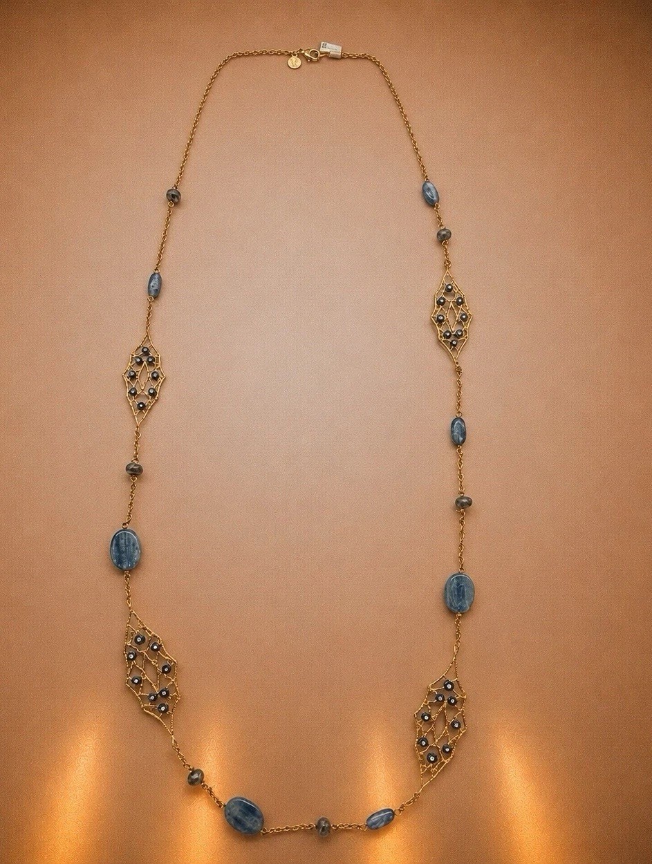 NEW Alexis Bittar Gold Tone Filigree Necklace Kyanite Beads Black Crystals$215