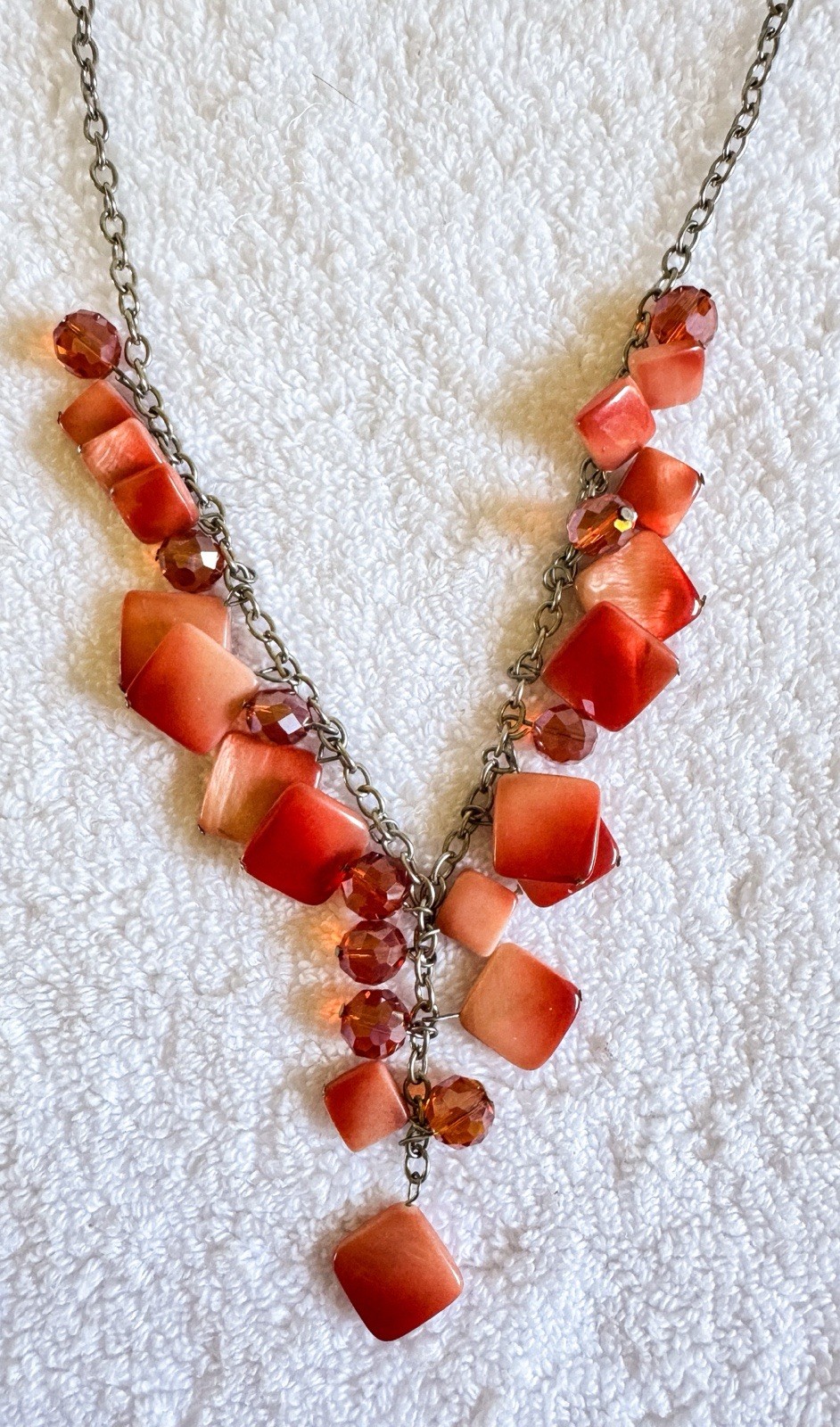 Red Y Drop Necklace Square Red Lucite Beads Silver Toned Chain Croft n Barrow