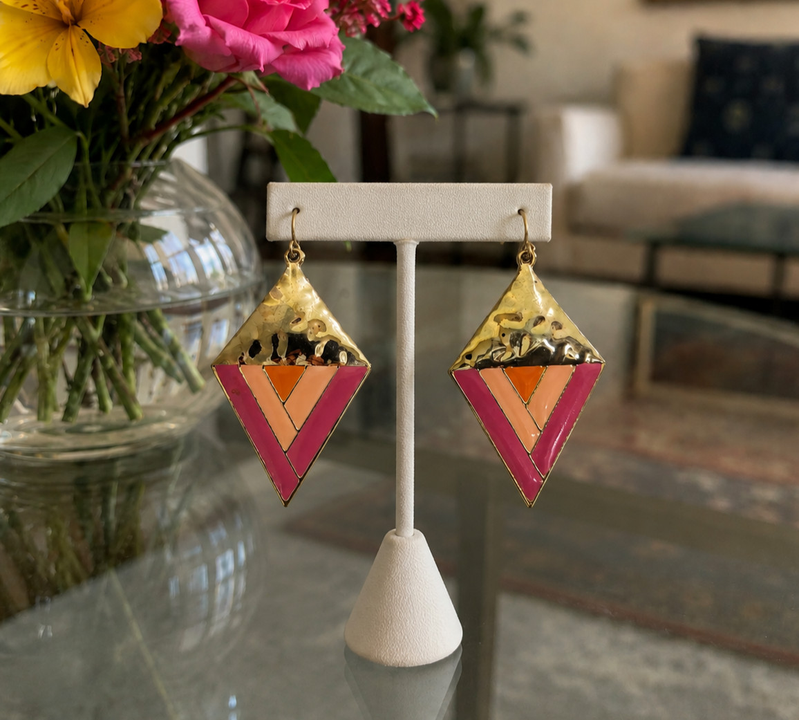 Retro Pink and Gold Triangle Earrings