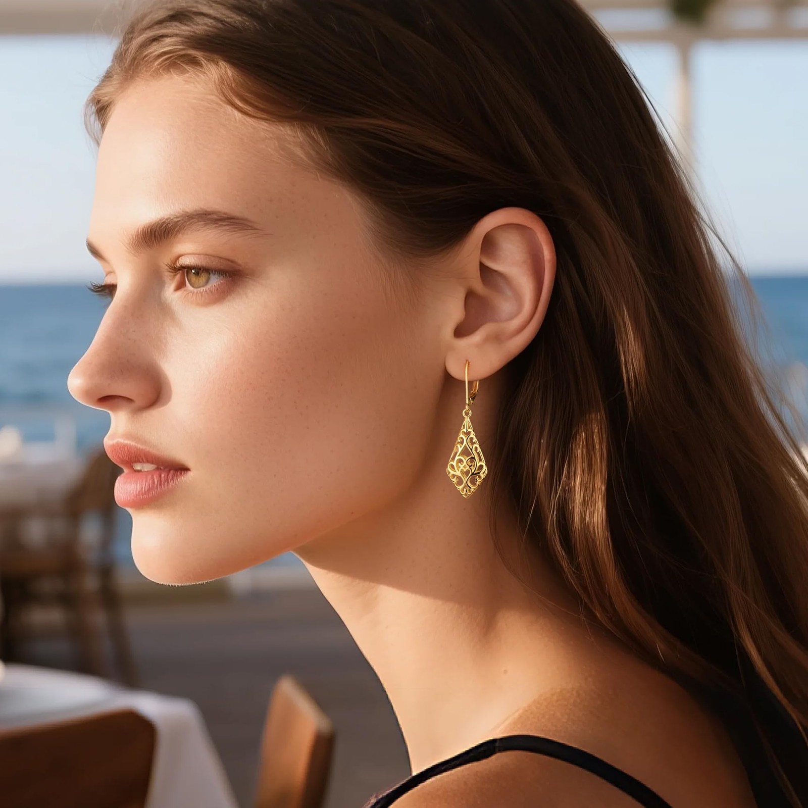 14K Gold Dangle Earrings for Women, Filigree Dangling Leverback Earrings, Gol