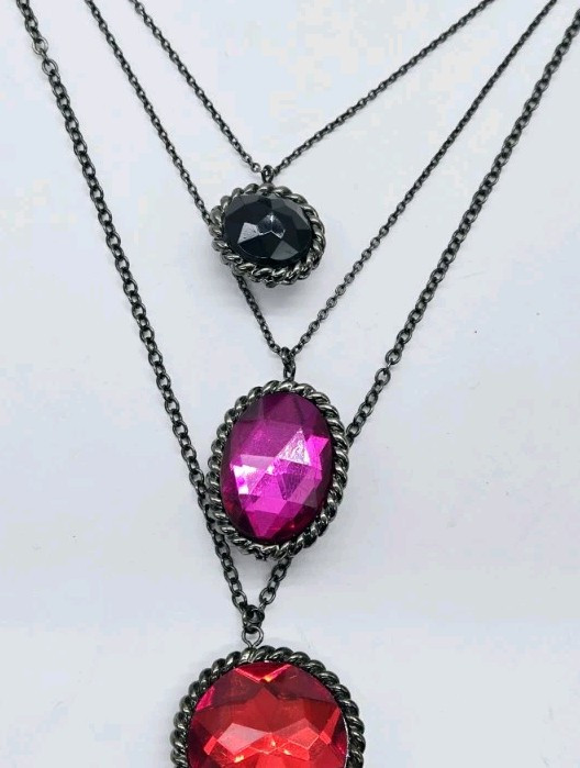 Red Pink Black Crystal Rhinestone Layered Necklace Gunmetal 19 in