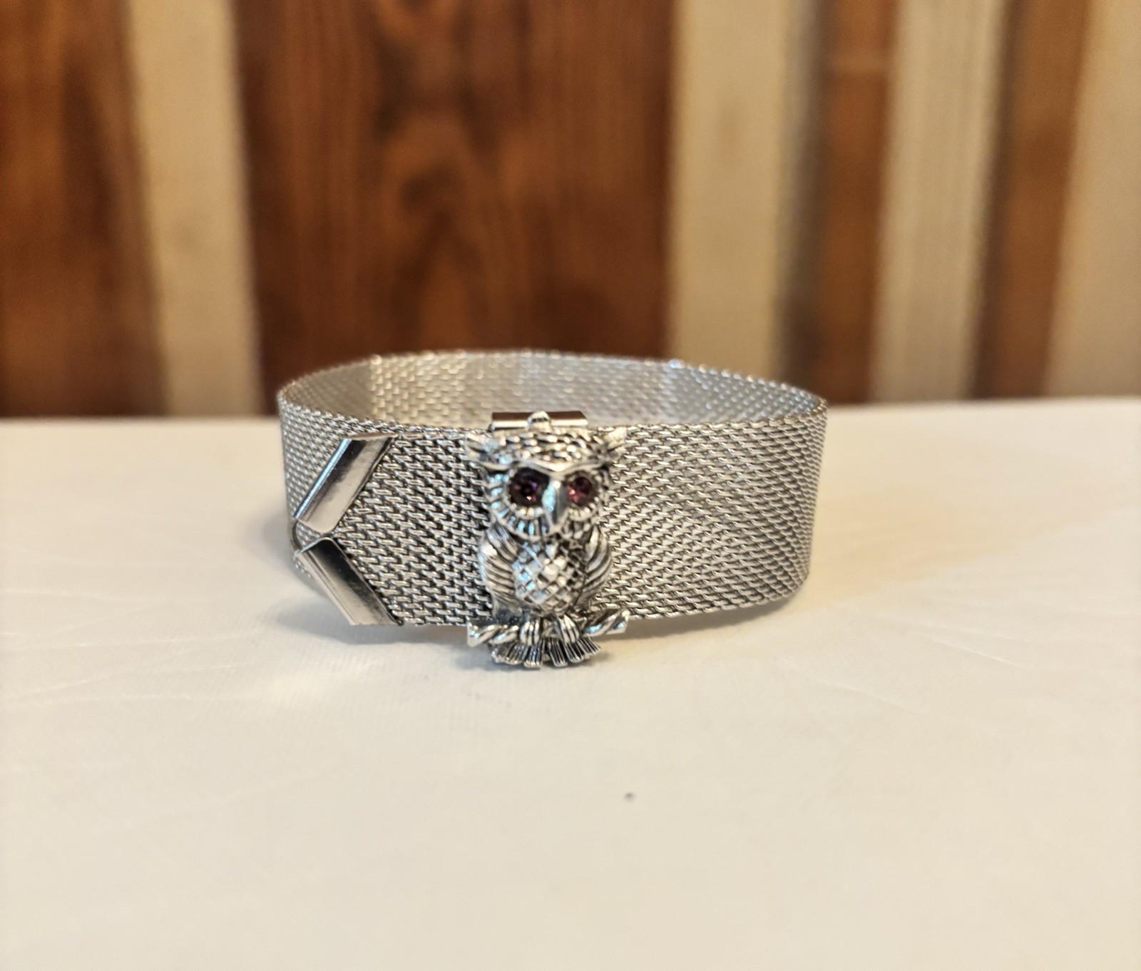 Sarah Coventry Signed Silver Mesh Slide Bracelet Owl Dangle Charm Purple Eyes