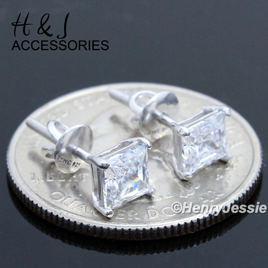 925 STERLING SILVER 5MM CLEAR SQUARE ICY BLING CZ SCREW BACK STUD EARRING*E93