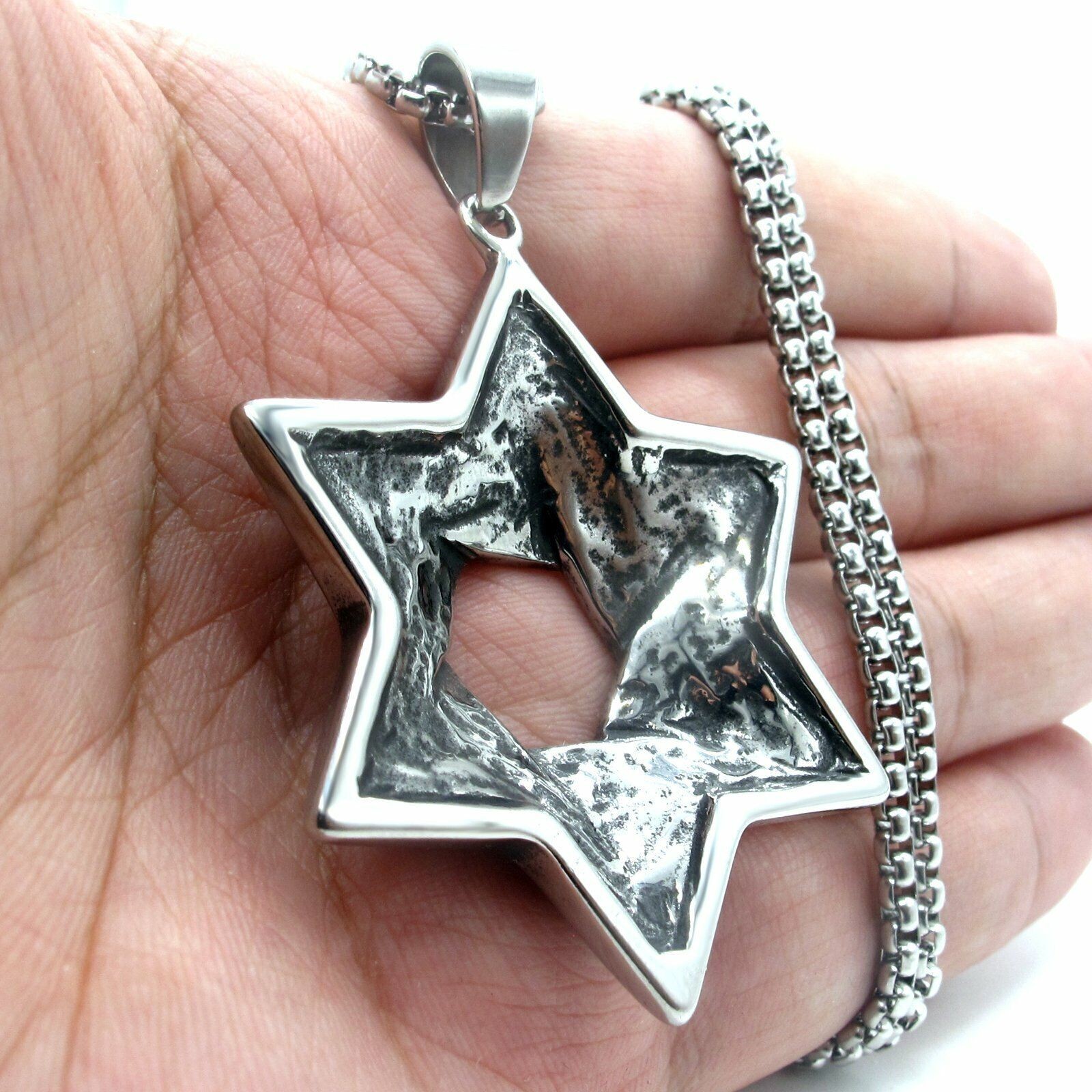 MENDEL Large Mens Stainless Steel Jewish 6 Point Star of David Pendant Necklace