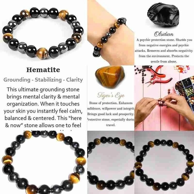 Energy Healing Stretch Bracelet Natural Stone Hematite Tiger Eye for Men Women