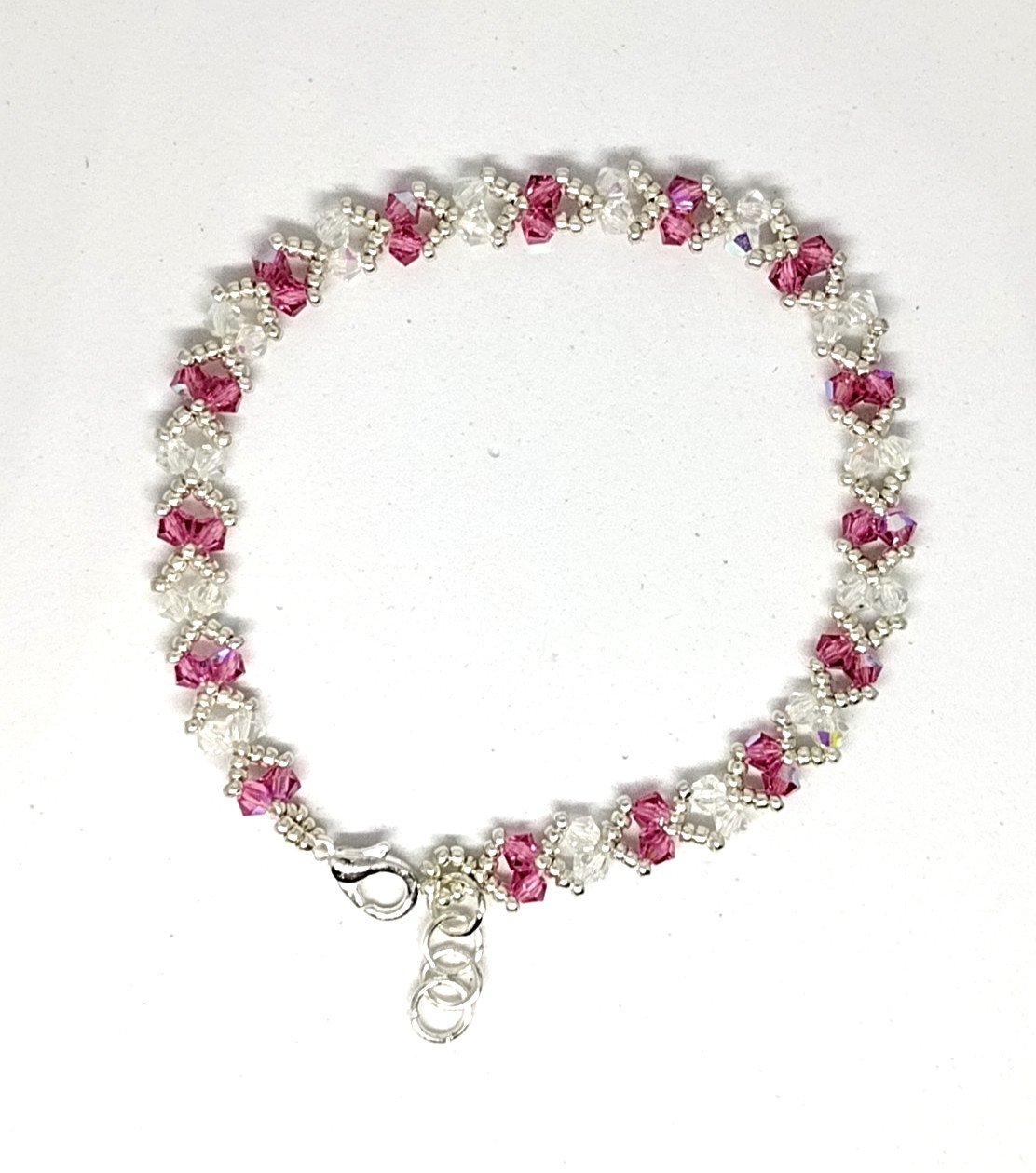 6 1/2in Bracelet 3mm Crystal Pink/White Sparkly Bicone Beads Silver Miyuki Beads