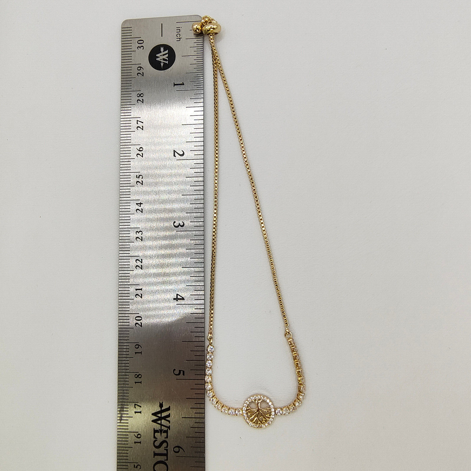Tree of Life Adjustable Bolo Bracelet White Rhinestone Gold Tone Slider Chain