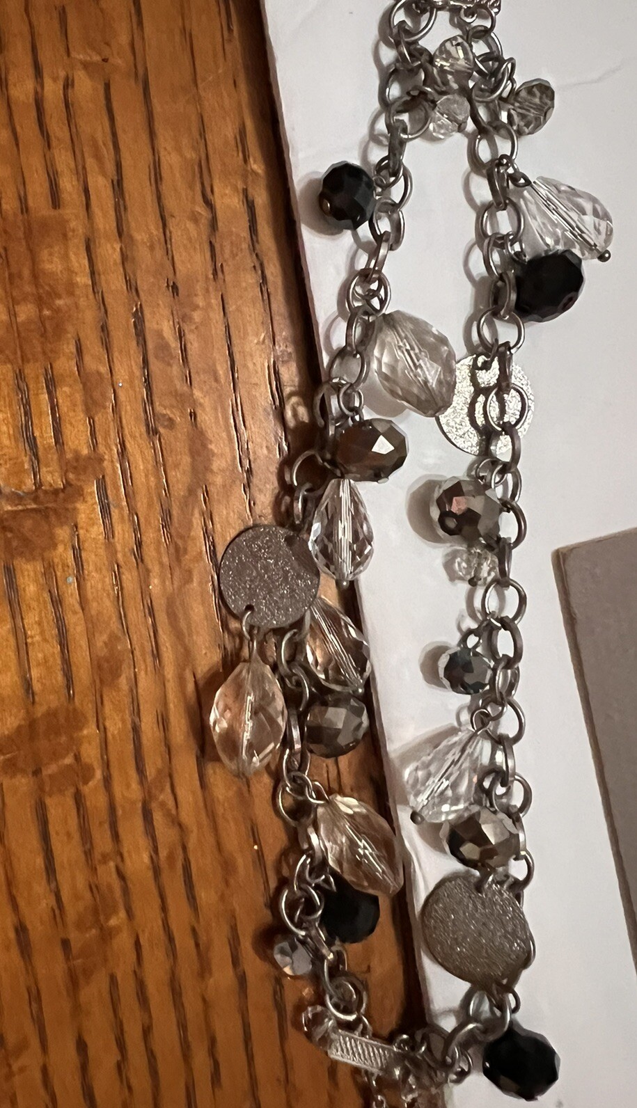 Silvertone Charm Double Strand Bracelet 8” Clear Black Mirror Bead Lobster Clasp