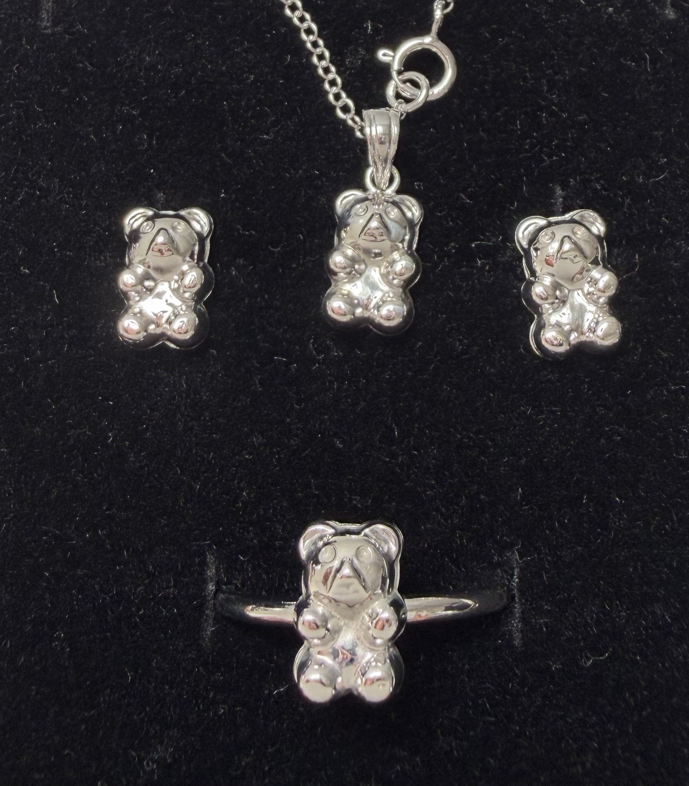Sterling Silver 925 Necklace 18″, Earrings and Ring -N Bear Jewellery Set