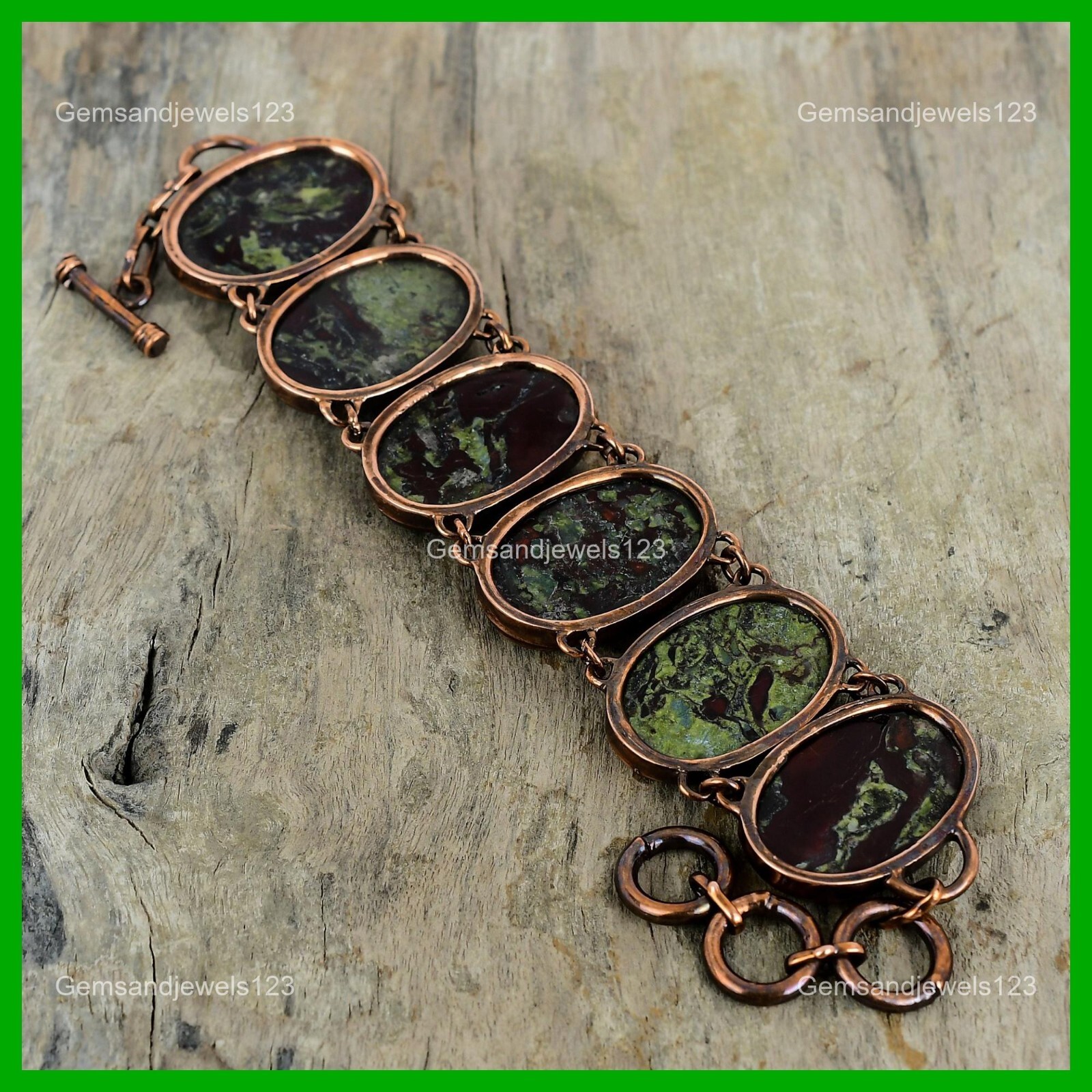 Copper Oval Natural Dragon Bloodstone Bezel Chain Electroformed Bracelet Jewelry