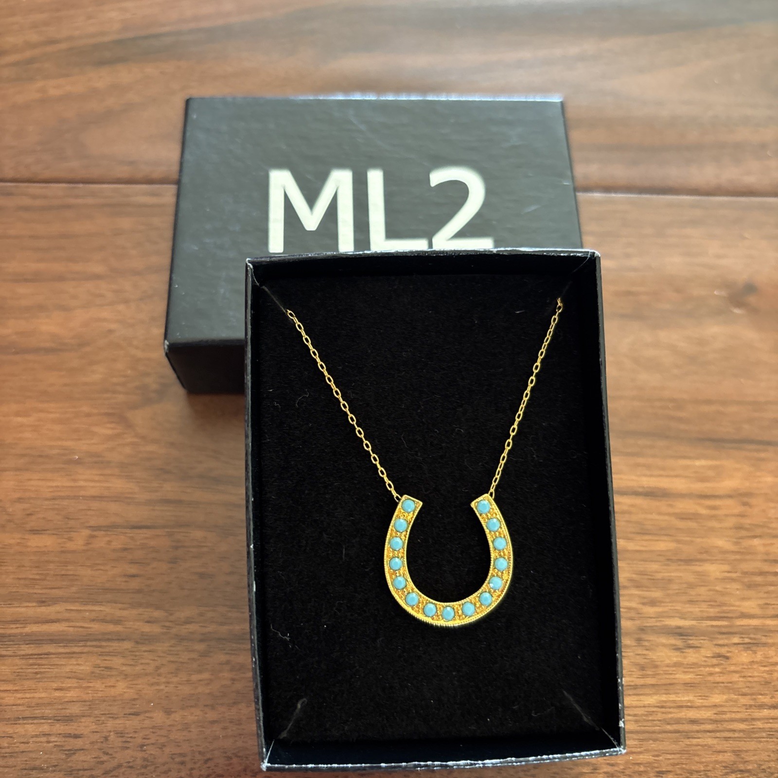 Gold Tone Horse Shoe Faux Turquoise Stone Pendent Necklace Gift Box