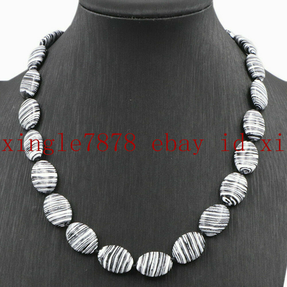 Natural 13x18mm Black White Striped Turquoise Oval Gemstone Beads Necklace 20″