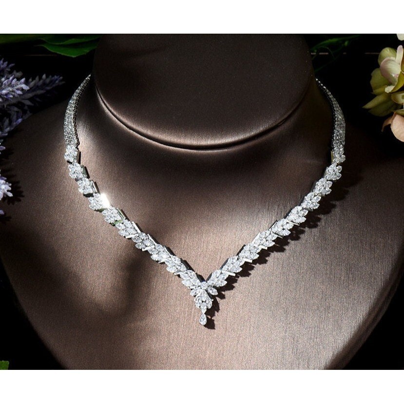 RHINESTONE BRIDAL NECKLACE Earrings Wedding Jewelry Set 4 Pc.