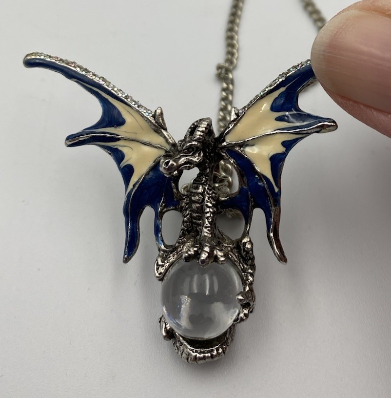 Dragon Pewter Pendant Necklace With Crystal Ball Blue/Cream Fantasy Gothic