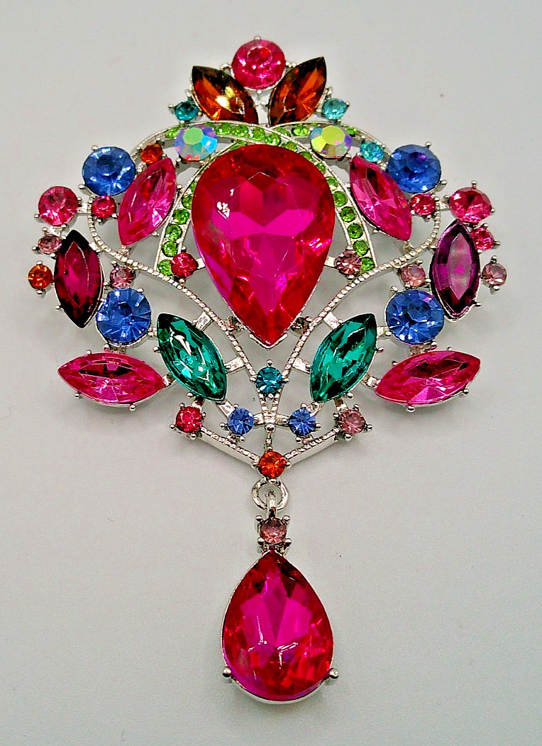 Pink Blue Large Rhinestone dangler brooch Pin ~ Retro ~ 3.9″ (E7)