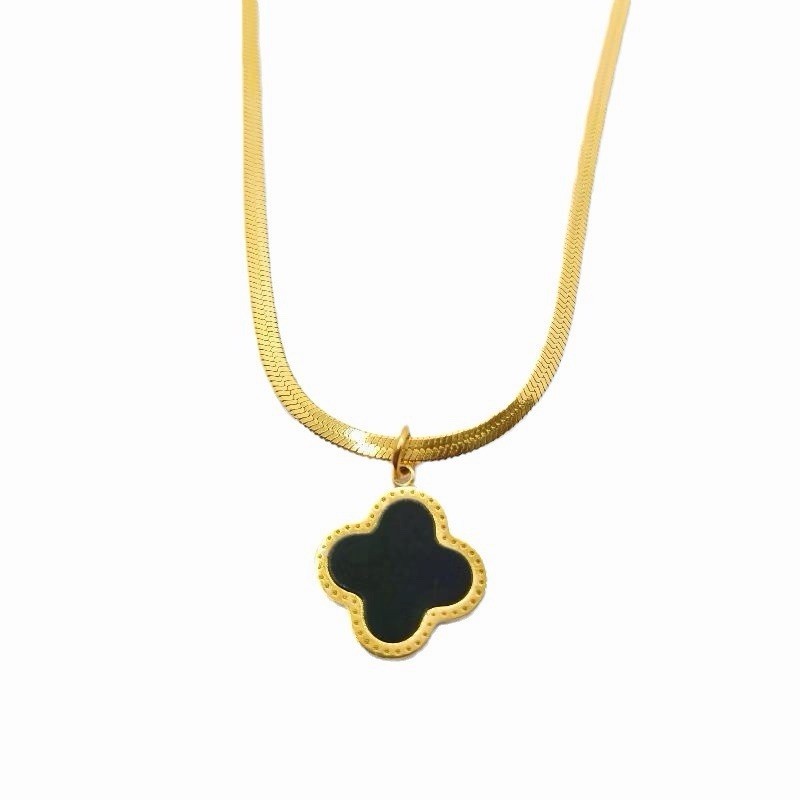 Gold Tone Black Clover Pendant Necklace & Bracelet Jewelry Set