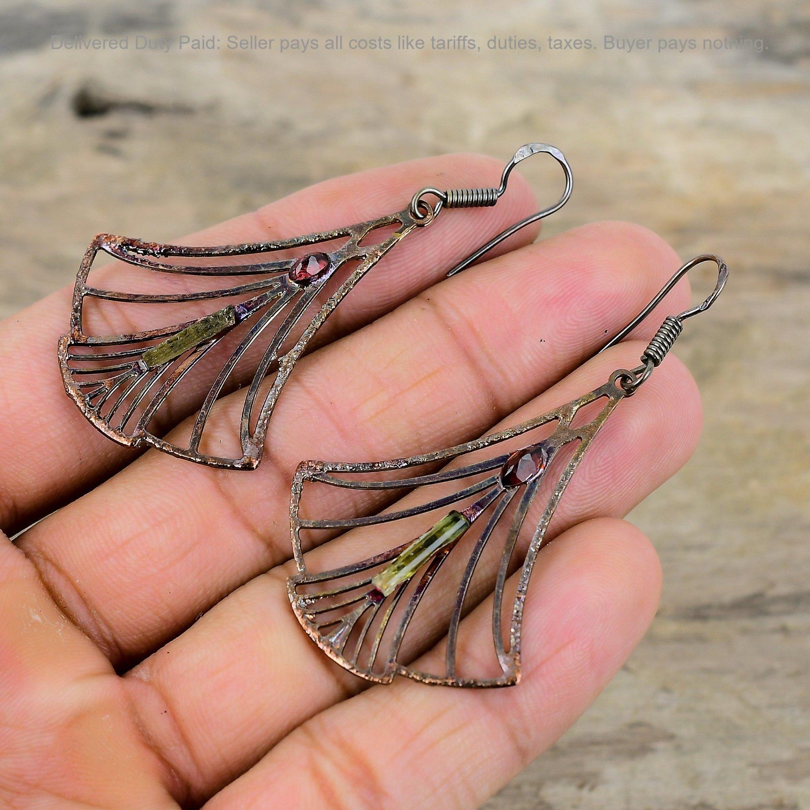 Copper Natural Multi Tourmaline Rough Drop Dangle Electroformed Earrings Jewelry