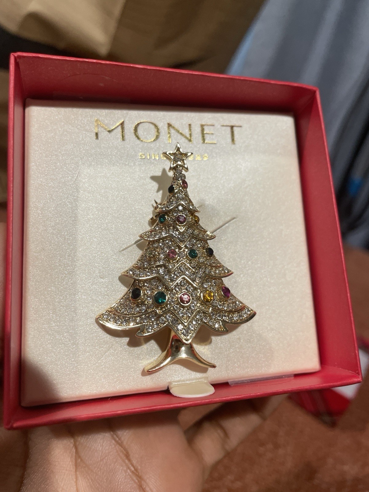 Monet Christmas Tree Brooch Pin Gold Tone Multicolor Pavé Rhinestone Boxed