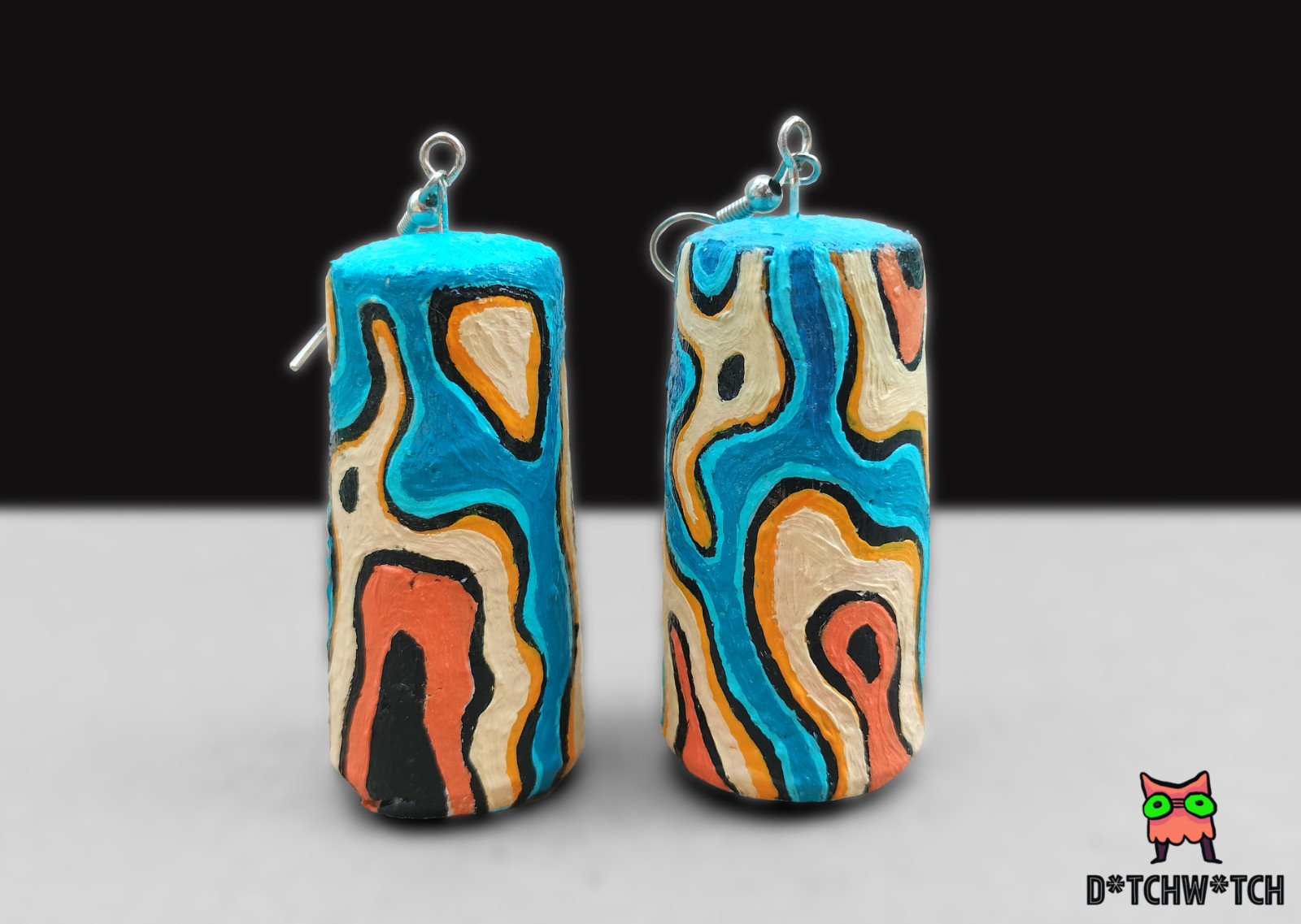 Hand-painted Bottlecork Earrings – Lava, blue & yellow (Oil Paint)