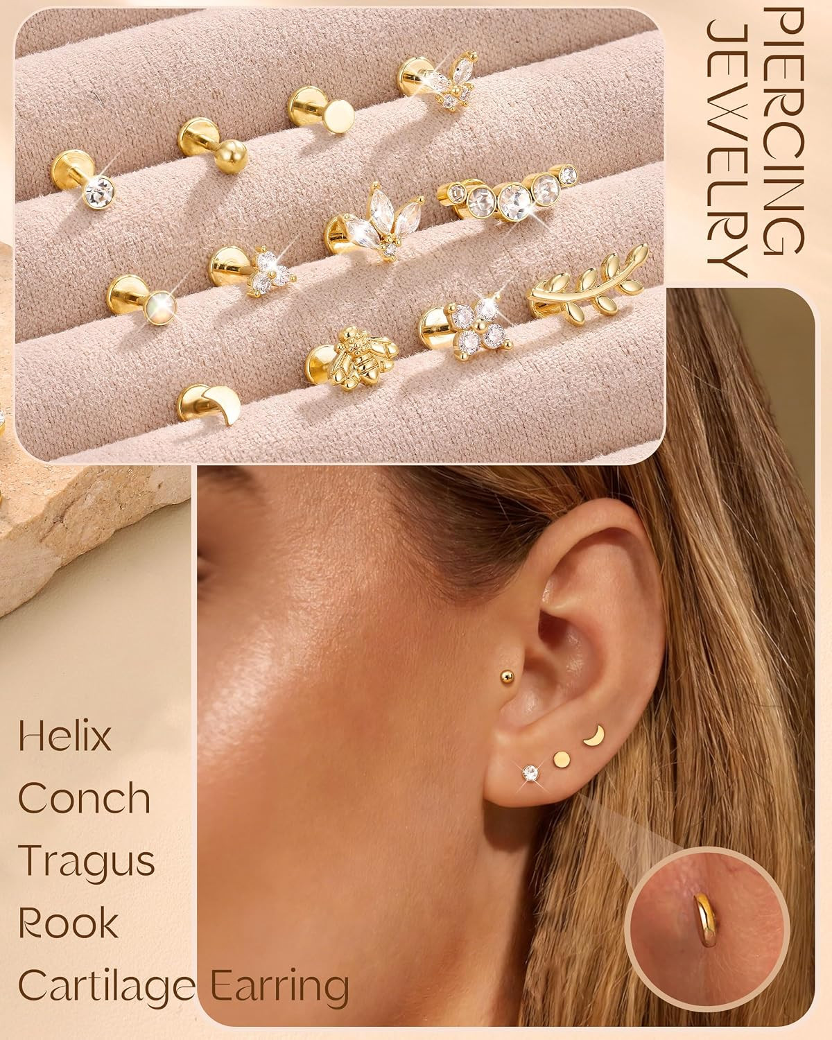 14K Gold Plated Threadless Flat Back Earrings for Women Men 316L Surgical Steel