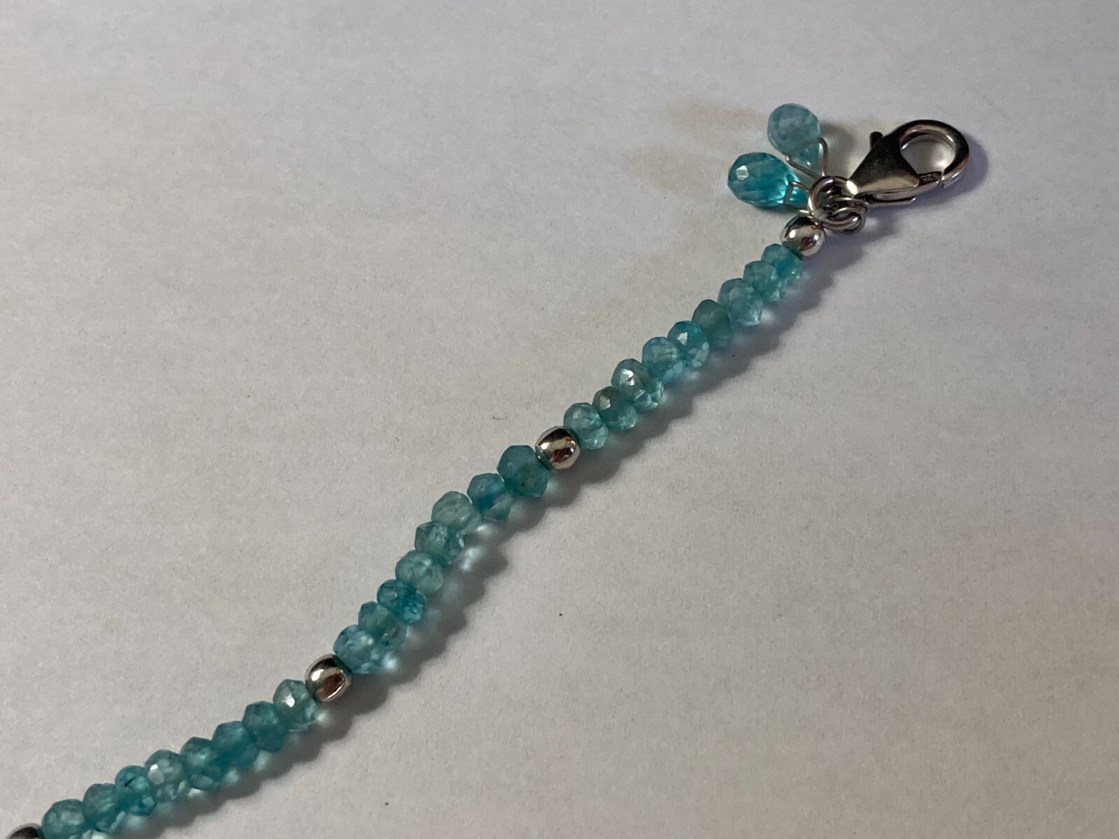 .925 Sterling Silver 3mm Paraiba Apatite Bead Bracelet 7.25″ Dangle Bead Accent