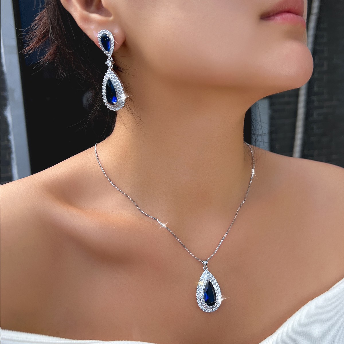 Silver Plated Long Teardrop Drop Earrings Necklace Women Zircon Jewelry Set Gift
