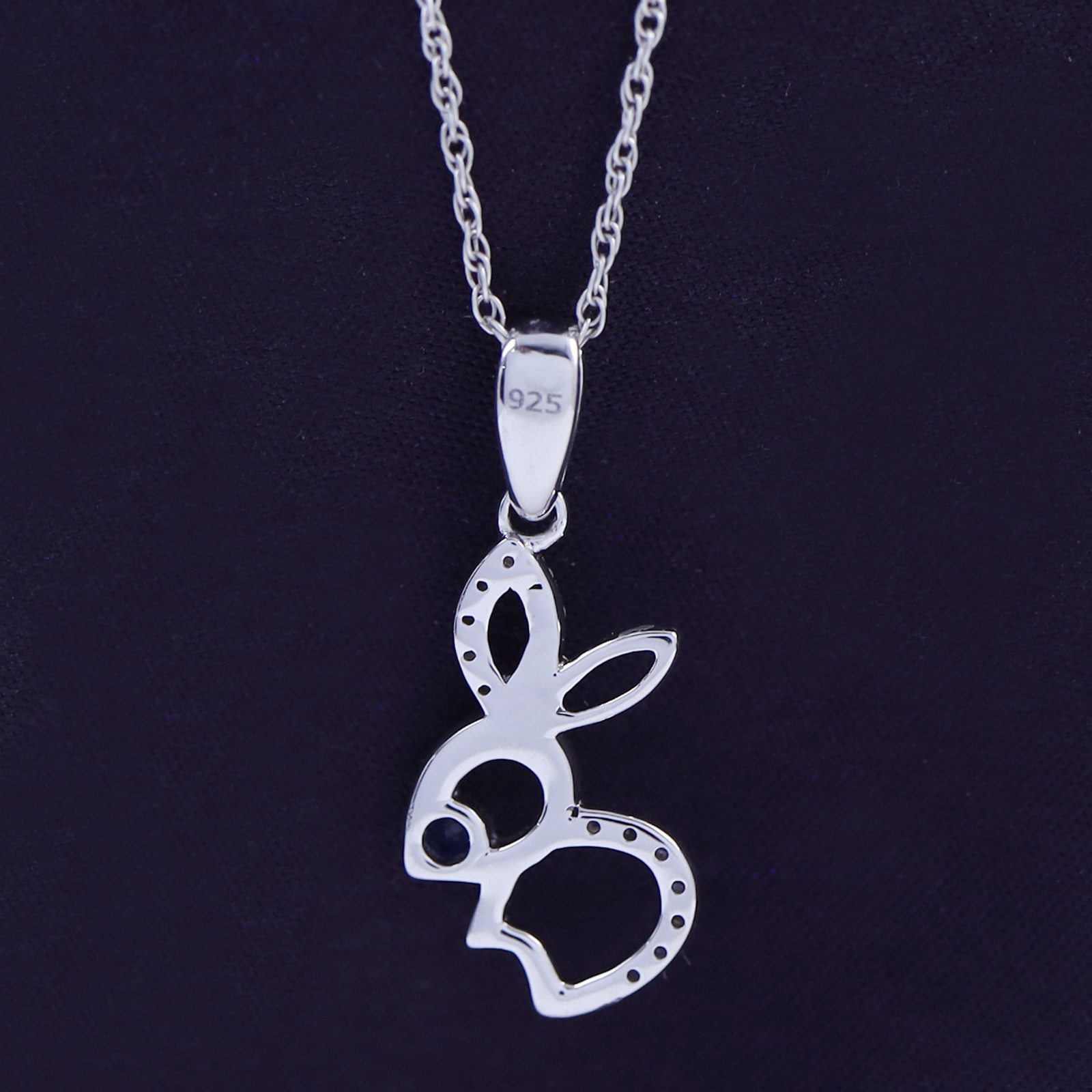 Cute Bunny Rabbit Pendant Necklace Simulated Blue Sapphire 14K White Gold Plated