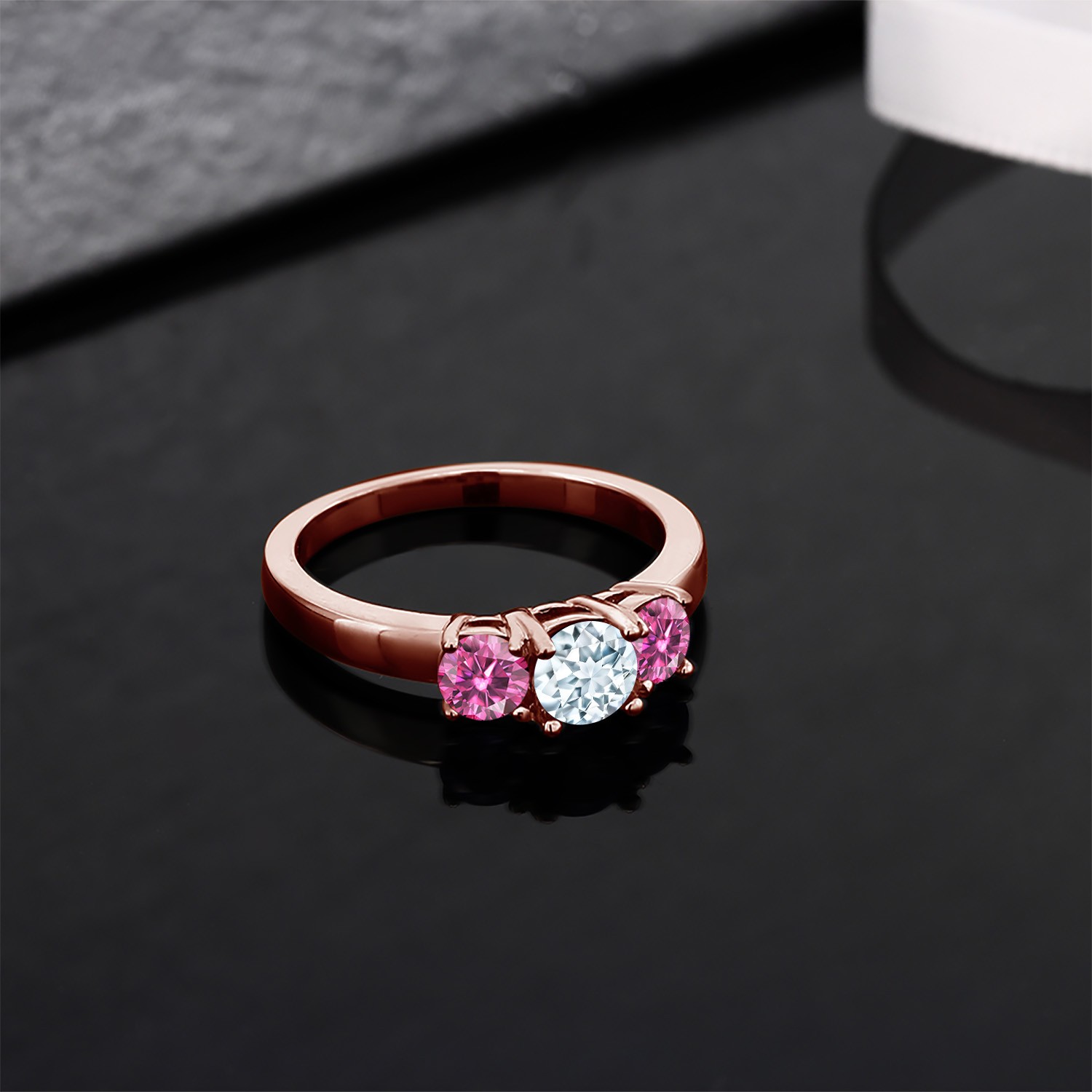 18K Rose Gold Plated Silver Ring Aquamarine Pink Moissanite (0.96 Cttw)