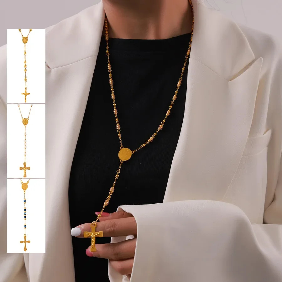 Women’s 18K Gold Plated Stainless Steel Cross Pendant Necklace Artificial Pearl