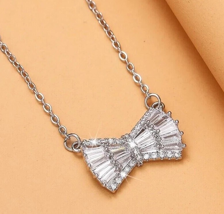 2.15Ct Baguette Cut Simulated Diamond Women’s Bow Pendant 14K White Gold Plated