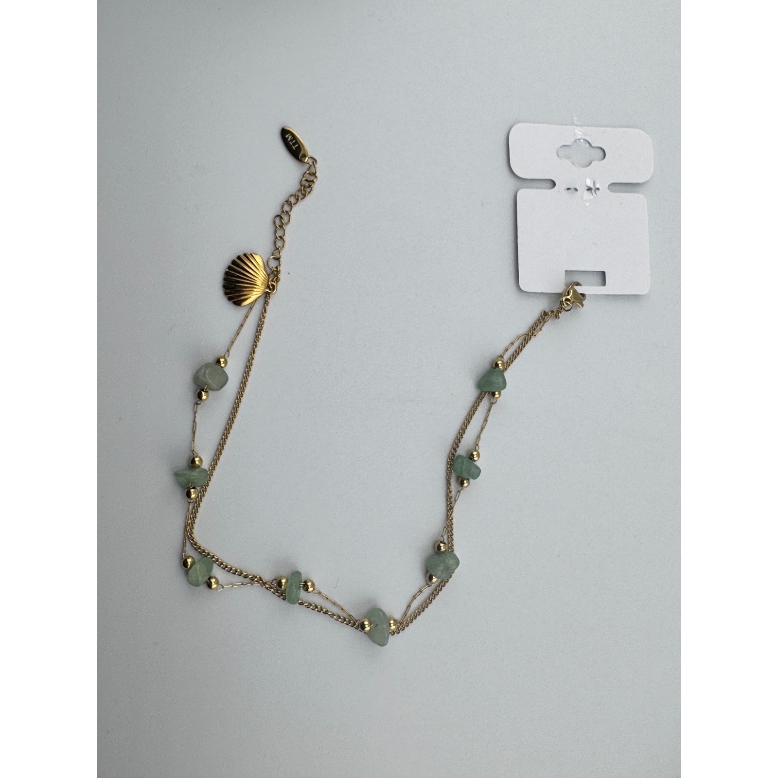 14k Gold Plated Stainless Steel Layered Anklet Green Stone Shell Charm 23-26cm