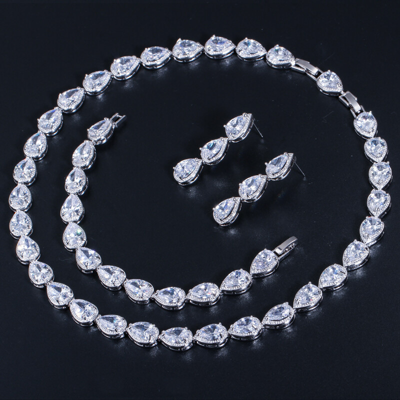 Silver Plated Bridal Wedding CZ Drop Necklace Bracelet Earrings Set for Women