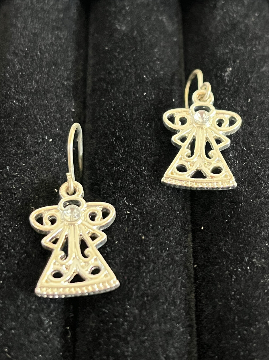 Silver Tone Angel Earrings With Rhinestone Wire Hook 3/4 Inch New Unworn Holiday