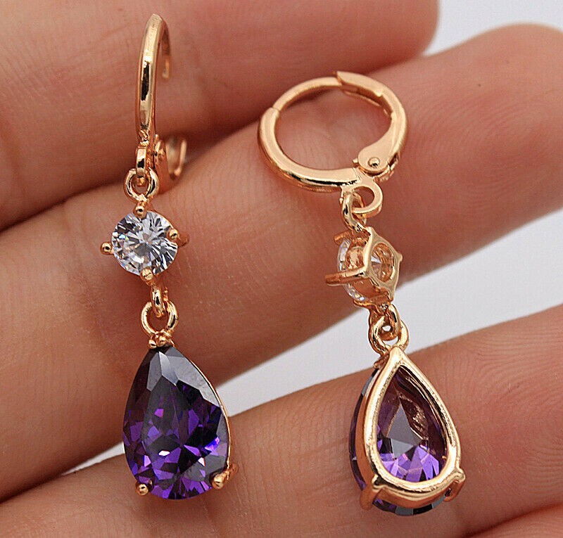 New 18K Yellow Gold Filled Purple Teardrop & Clear Round CZ Hoop Dangle Earrings