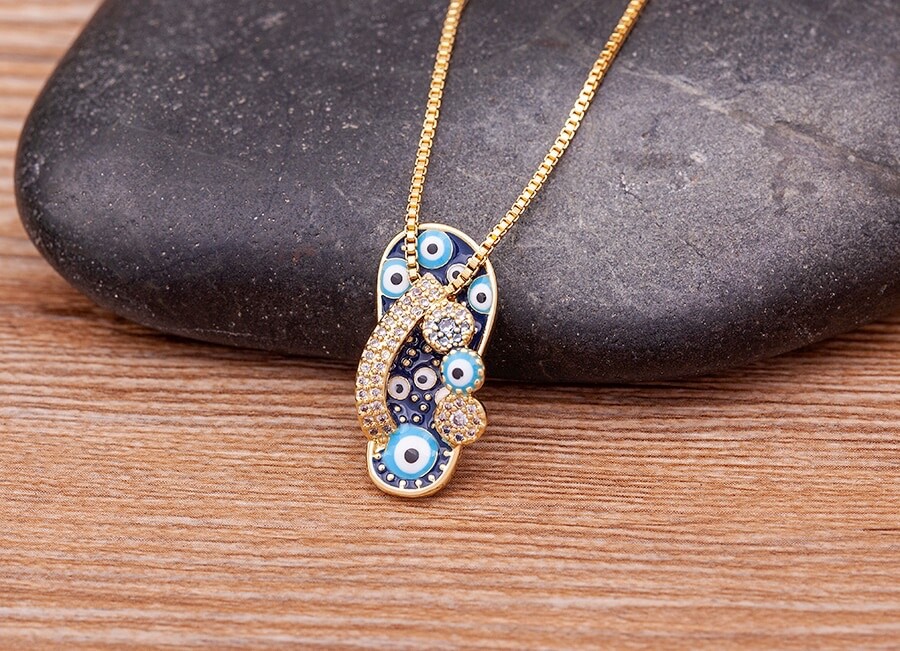 Fashion Jewelry Gold Cubic Zircon Slipper Sandal Evil Eye Pendant Necklace 1-216