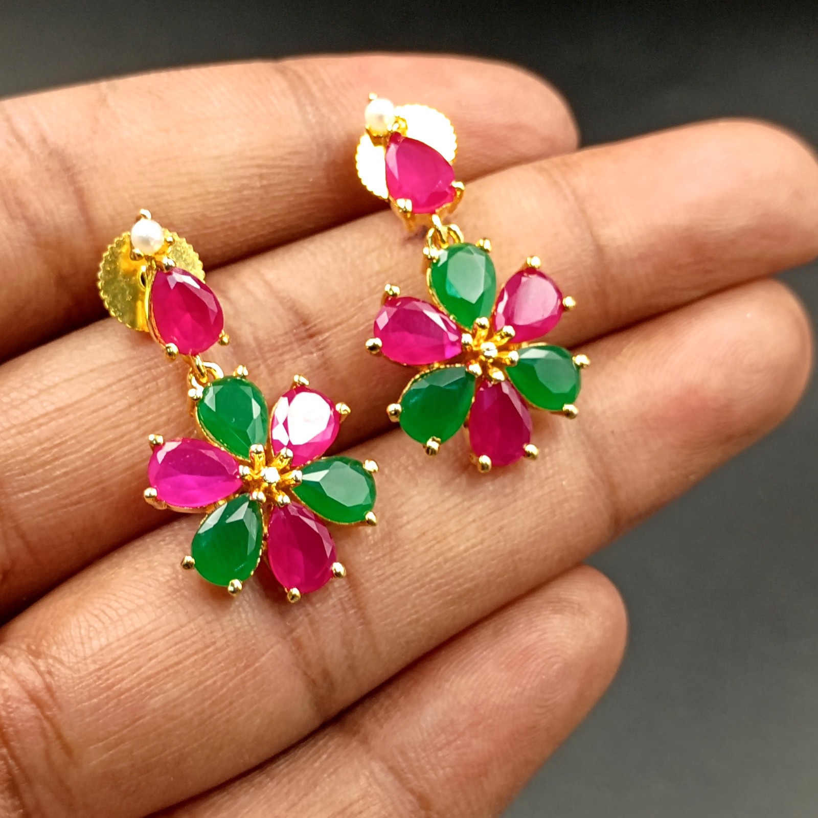 Handcrafted Ruby Emerald Pearl Jewelry Set 22k Gold Plated Ethnic Statement Set