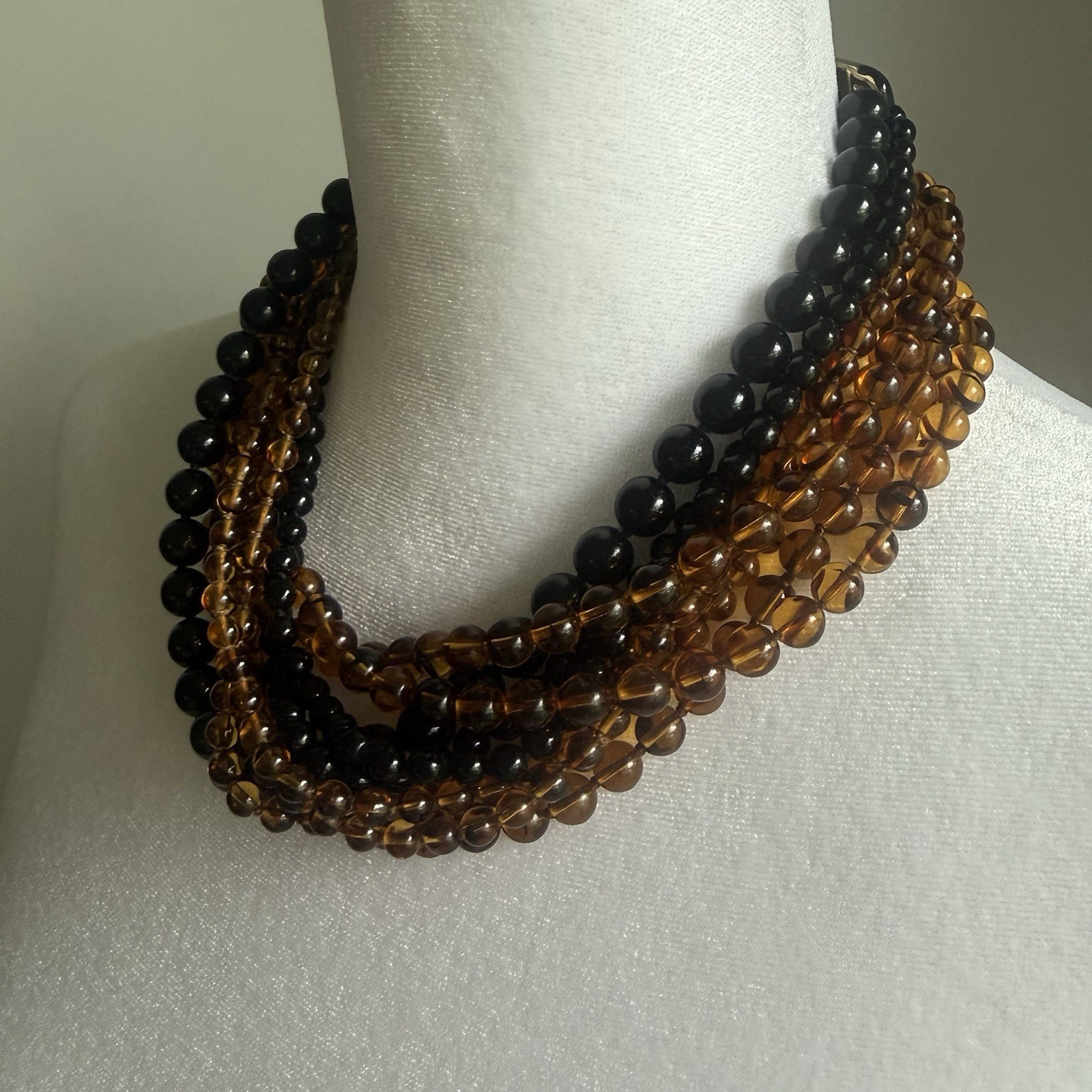 Donna Stannard Signed Multi Strand Torsade Necklace Cognac Lucite & Black Bead