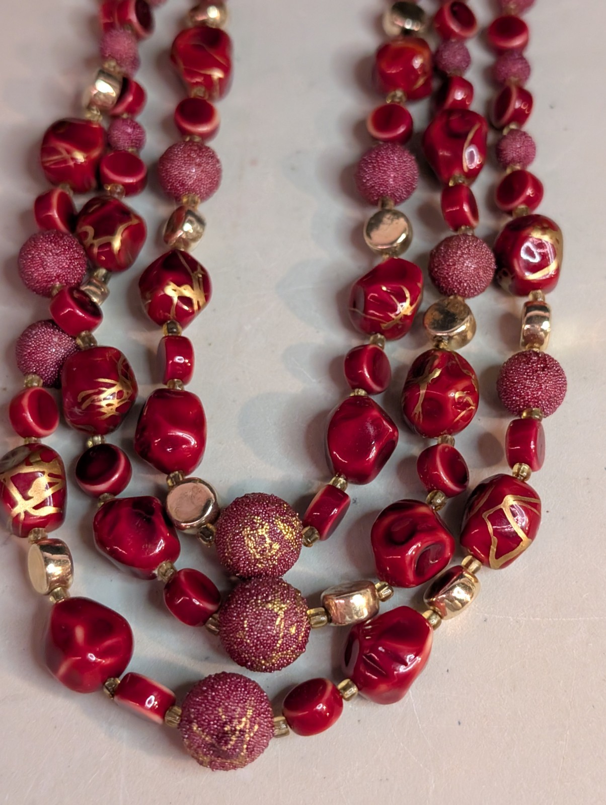 Vintage Red & Gold Plastic Beaded Multi-Strand Necklace + Stud Earrings Set