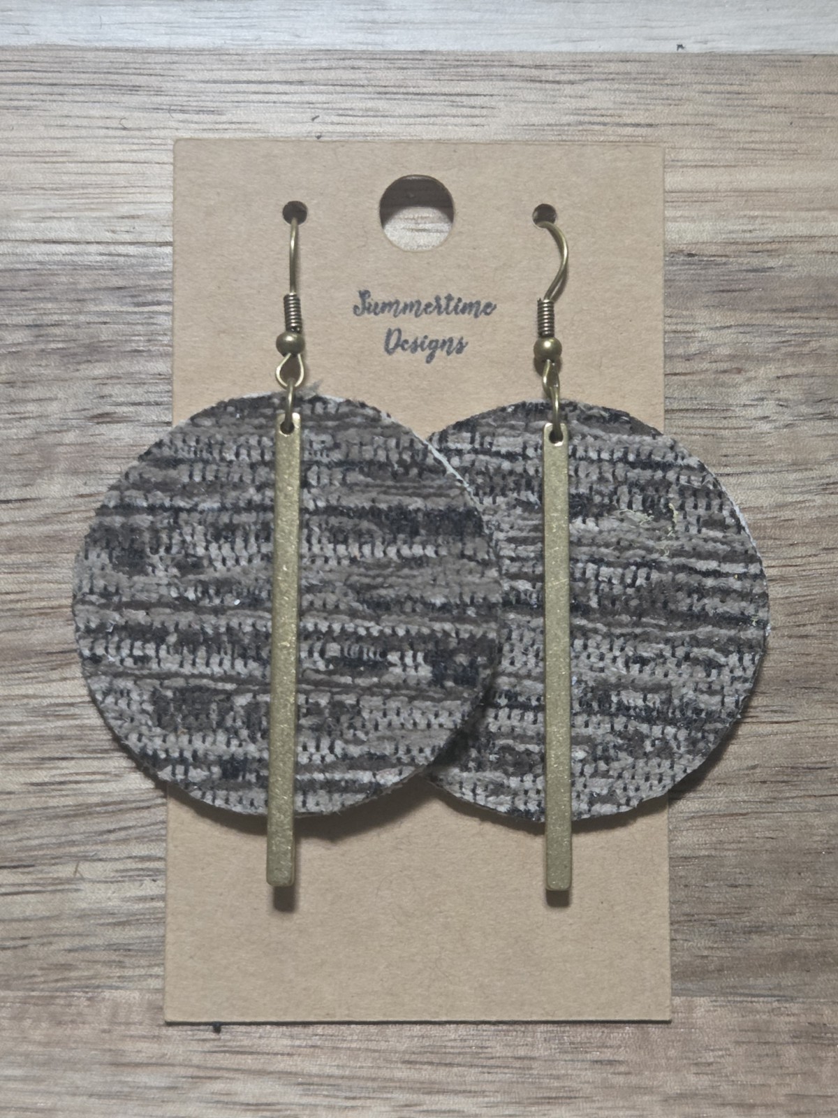 GENUINE Leather Backed Tweed Circle Cut Earrings w/ Gold Finding 2″