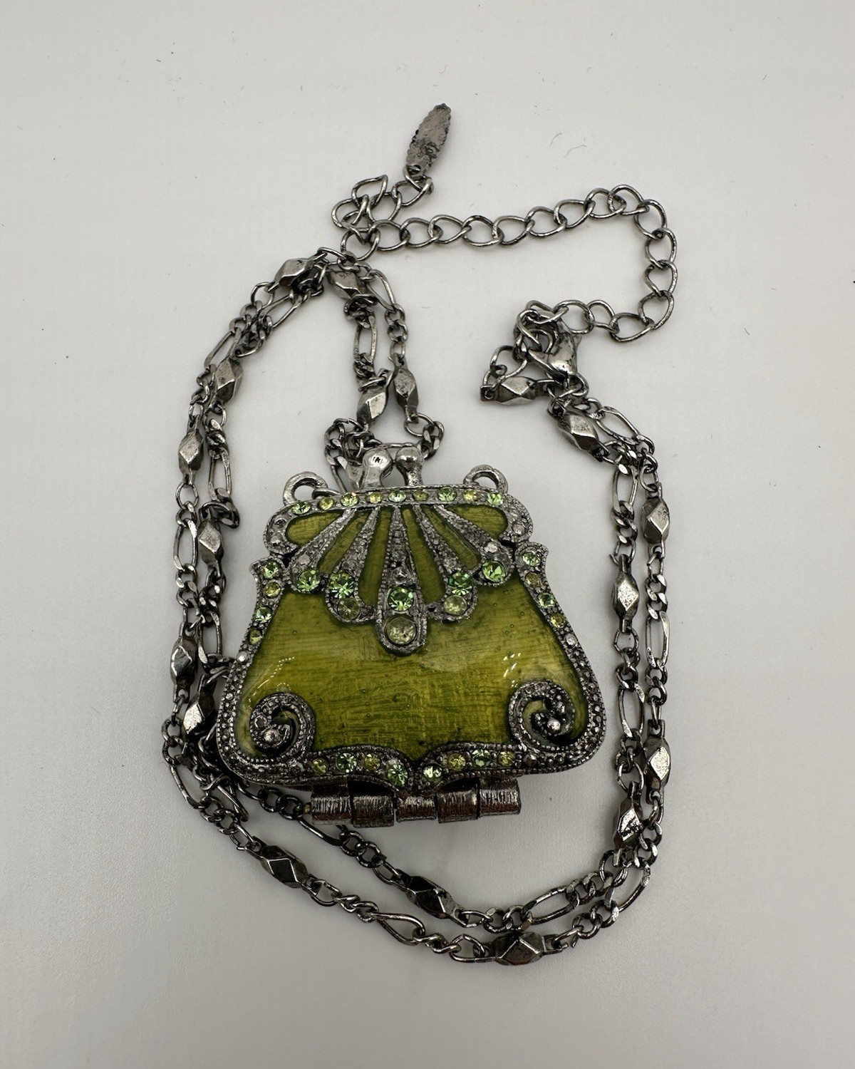 Statement Necklace Silver Tone Cable Chain Green Enamel Purse Locket Pendant