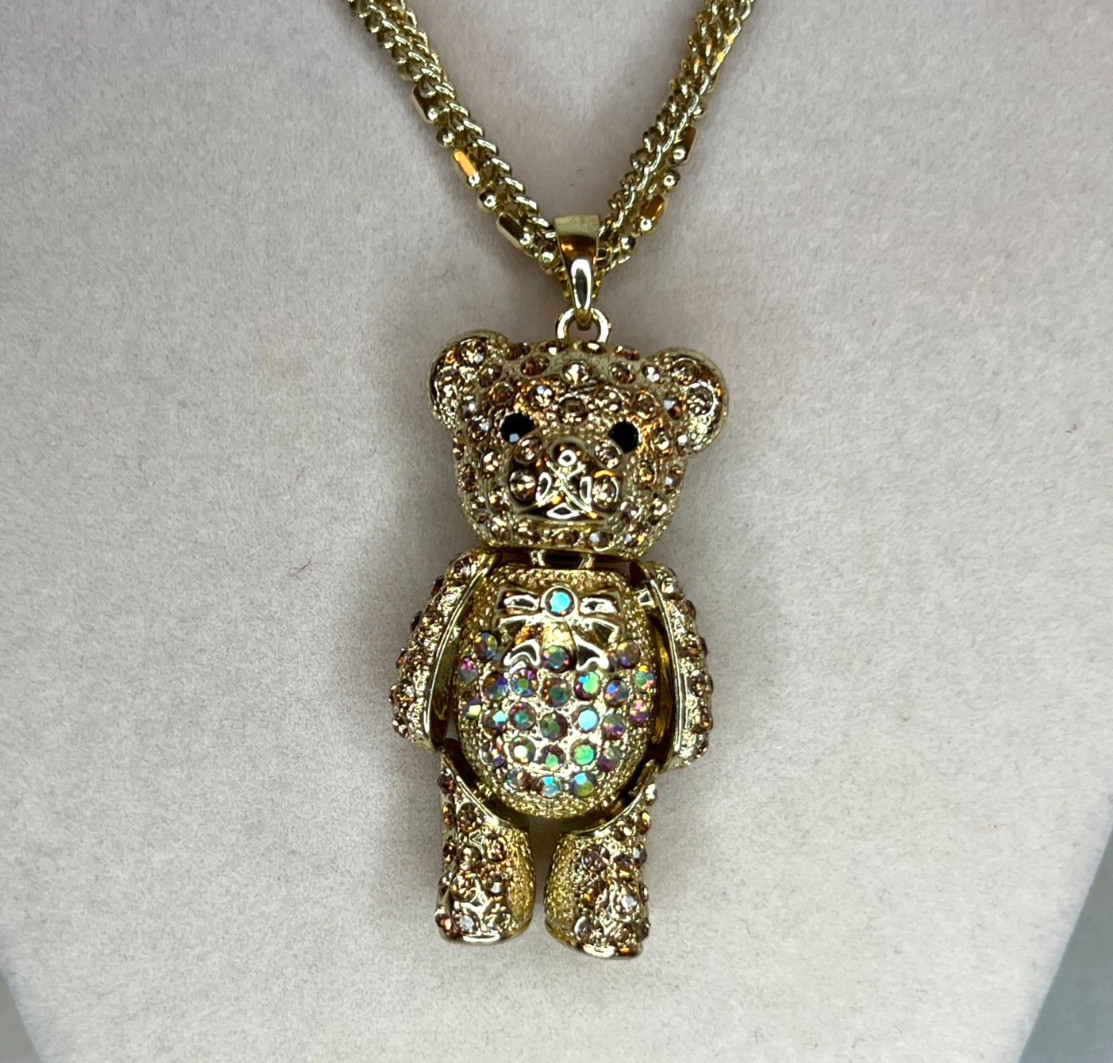 Off Park Collection gold crystal gold tone teddy bear pendant with chain NEW